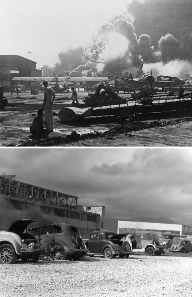 Pearl Harbor durante e após o bombardeio, 7 de dezembro de 1941